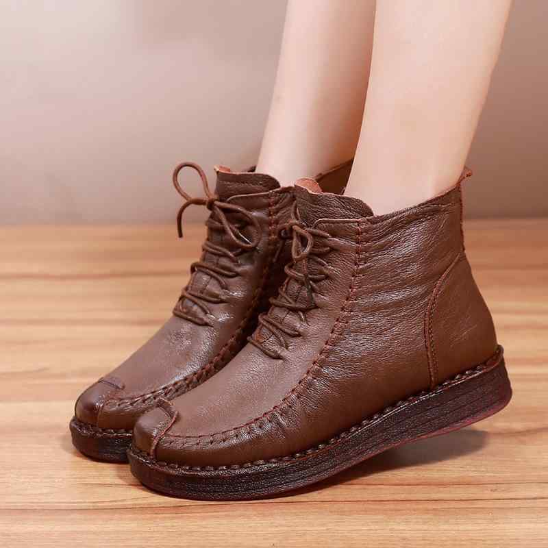 レディース 真皮 コットン ブーツ 厚底 フラットヒール 滑り止め 牛筋底 柔らかい レトロ ハンドメイド 暖か フリース 秋冬 丸トゥ サイドジッパー ブラック ブラウン 普段使い