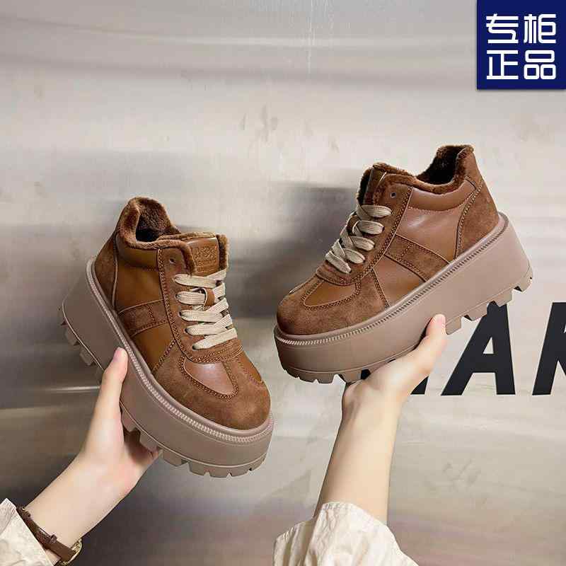 スノーブーツ 女性 中筒 厚底 起毛 暖か 防滑 軽量 耐久 カジュアル シューズ 合成皮革 PU底 丸頭 レースアップ 純色 ブラウン キャメル 冬