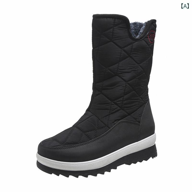 スノーブーツ レディース 冬 中筒 コットン 保暖 厚手 起毛 ハイカット ラウンドトゥ フラットヒール サイドジッパー カジュアル 普段使い 無地 布 素材 PU ソール 合成フリース 内里 黒 深紅 灰
