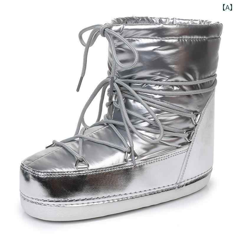 レディース スノーブーツ 短筒 防水 防滑 厚手 保暖 雪地靴 合成革 綿内里 ゴム底 丸頭 平底 スリッポン 欧米 スタイル 磨砂 加工 ステッチ 純色 日常 秋冬 銀 黒