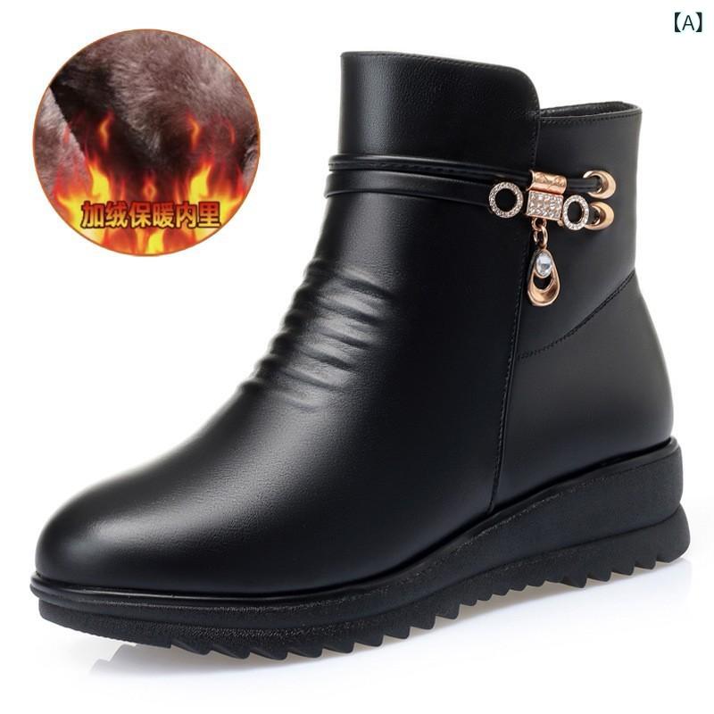 綿靴 レディース 秋冬 中高年 保暖 ショートブーツ フラット 丸頭 防滑 合成皮革 ウール内里 黒 日常 ビジネスカジュアル 側ジッパー 厚底 増高 防水