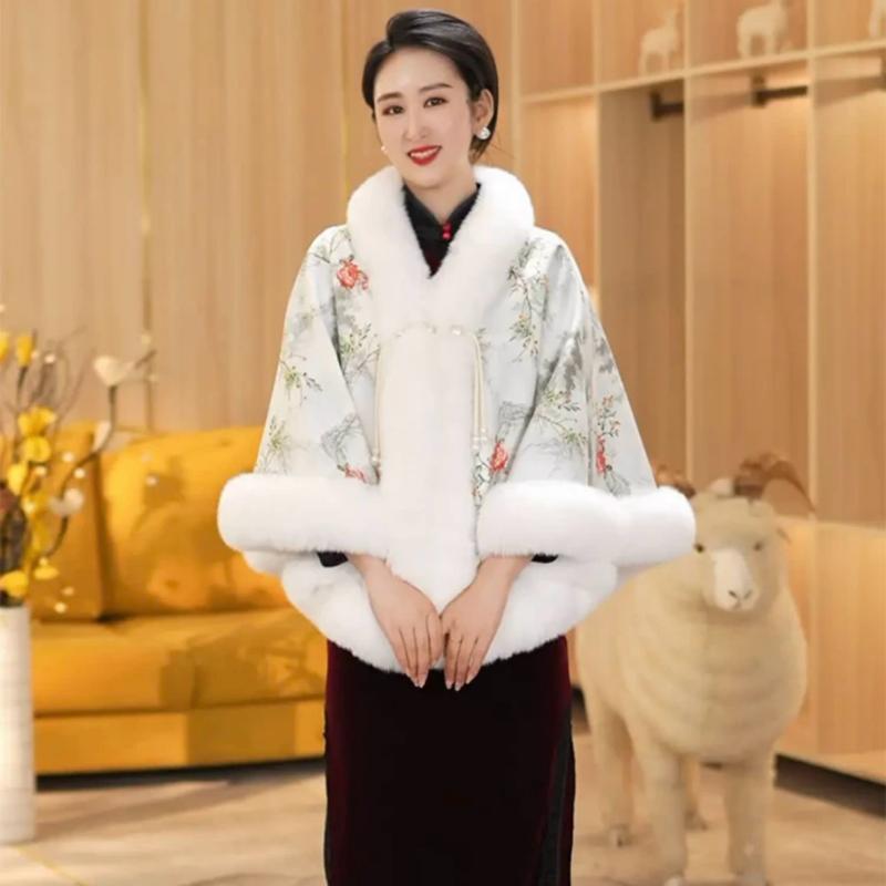 ショール レディース 秋冬 暖か ケープ マント 厚手 起毛 ポリエステル アウター 優しい 中華風 織り柄..