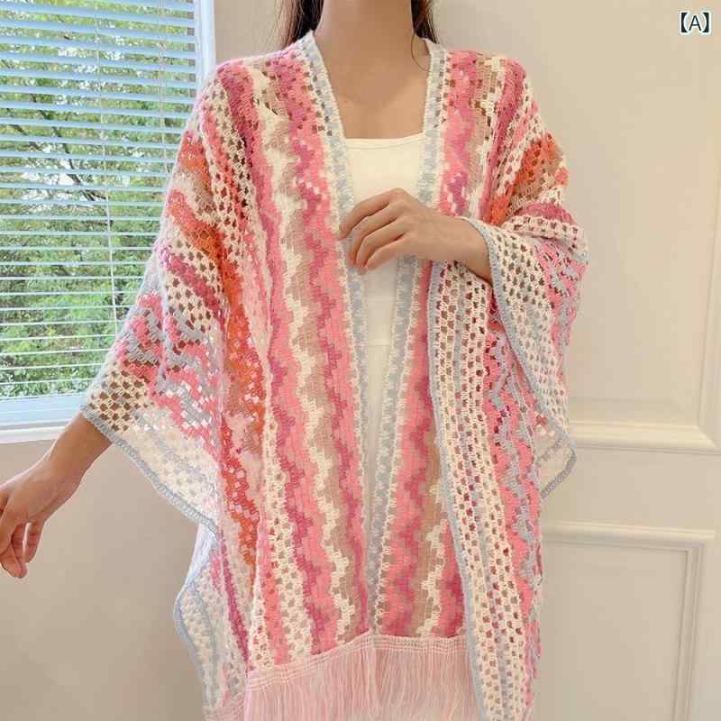 レディース ロング ショール ウェーブ 柄 フリンジ 付き ヴィンテージ風 エスニック スタイル 保暖 旅行 外出 スリット ケープ 合成繊..