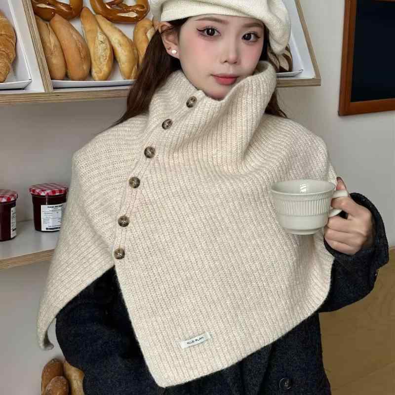 レディース 秋冬 ニット ショール ストール 高襟 暖か 保温 単色 ベーシック ボタン付き 風 ケープ アウター かわいい 日韓 スタイル 米 カーキ 黒