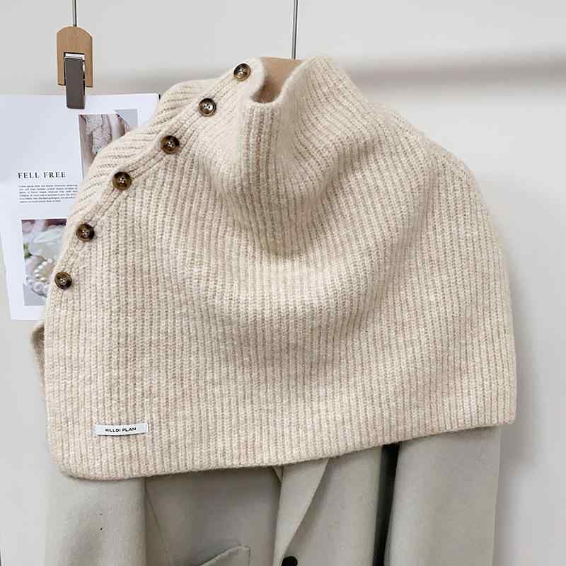 レディース ニット ケープ ショール ウール混 ハイネック スリット プルオーバー 秋冬 暖か ボタン 装飾 多機能 かわいい 普段使い グレー ブラック カーキ