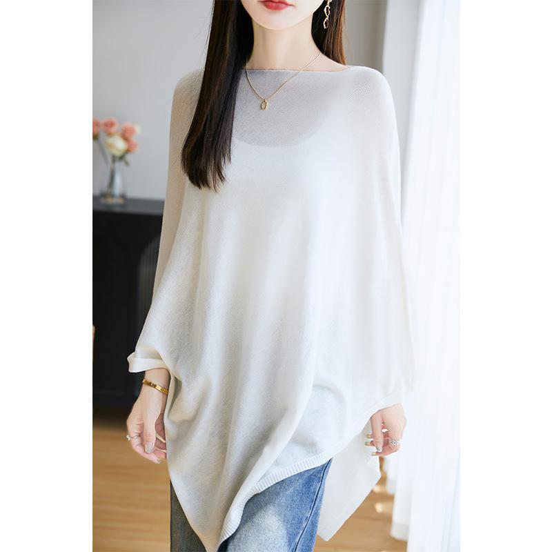 レディース ニット ショール ボートネック 日焼け防止 薄手 ウール アシンメトリー プルオーバー トッ..