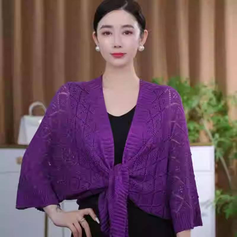 おしゃれ レディース ショール ニット 開襟 カーディガン 接触冷感 チェック柄 光沢 レース 装飾 エレガント スタイル オールシーズン 青 茶 黒 室内 外出 レイヤード ミニ