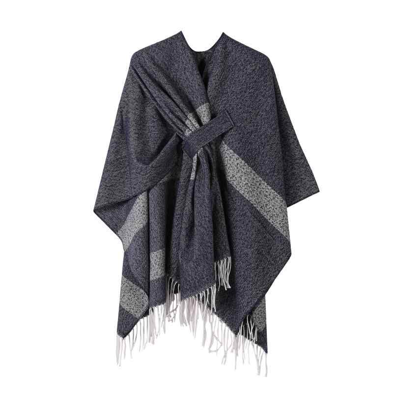 メンズ レディース ショール 大きめ ケープ ポンチョ 保温 ストライプ 切り替え シンプル 紐付き アウ..