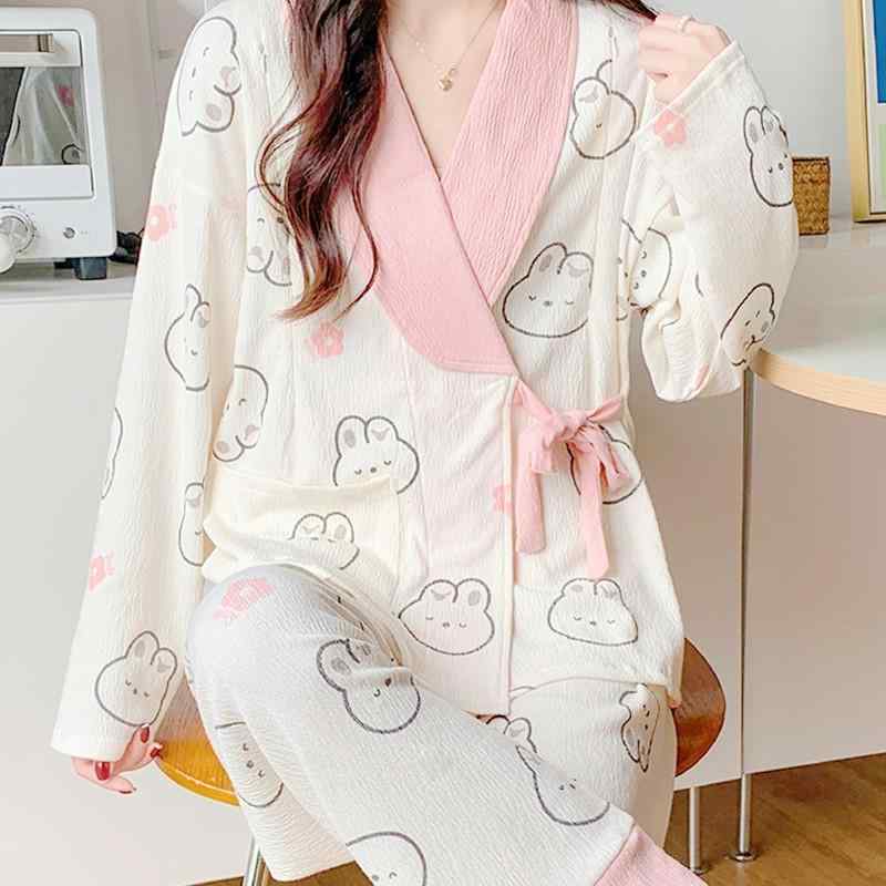 レディース 授乳服 産後服 綿100 長袖 長パンツ セット ガーゼ カートゥン柄 ホームウェア 妊婦パジャ..