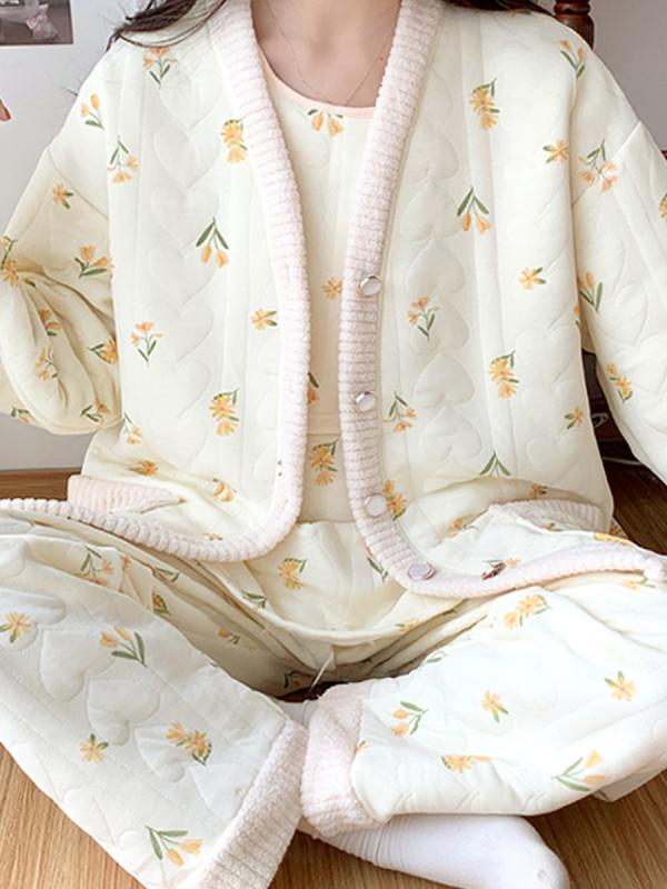 授乳パジャマ 産後服 レディース 秋冬 長袖 コットン セット 妊婦 部屋着 植物花柄 日韓カジュアル ミルクティー ピーチ ストロベリー