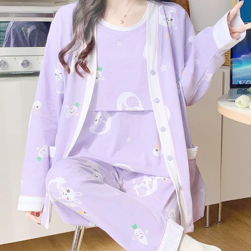産後服 哺乳パジャマ 春 長袖 長パン セット 綿 ポリエステル 混紡 かわいい アニメ プリント カートゥ..