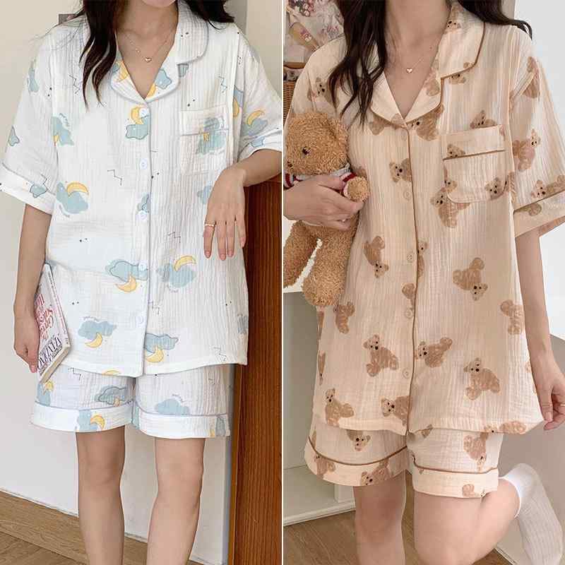 授乳パジャマ 妊婦 産後 夏 薄手 綿 ガーゼ 半袖 トップス ショートパンツ セット プリント柄 爽やか ..