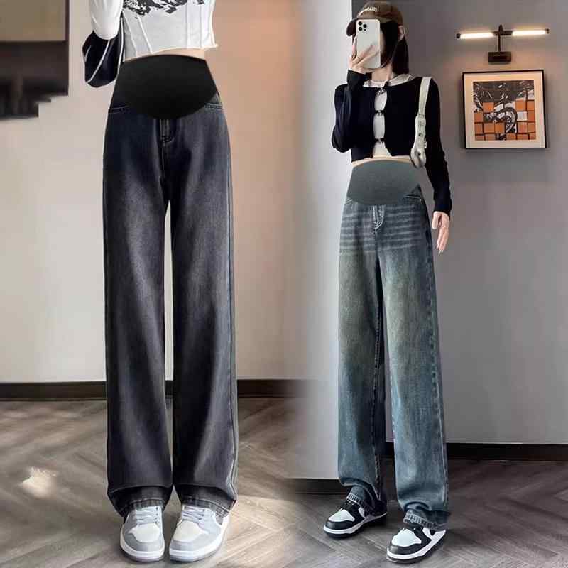 マタニティパンツ 秋冬 厚手 デニム ストレッチ ハーレム ワイドパンツ ルーズフィット スリム お腹サポート 黒 グレー ブルー