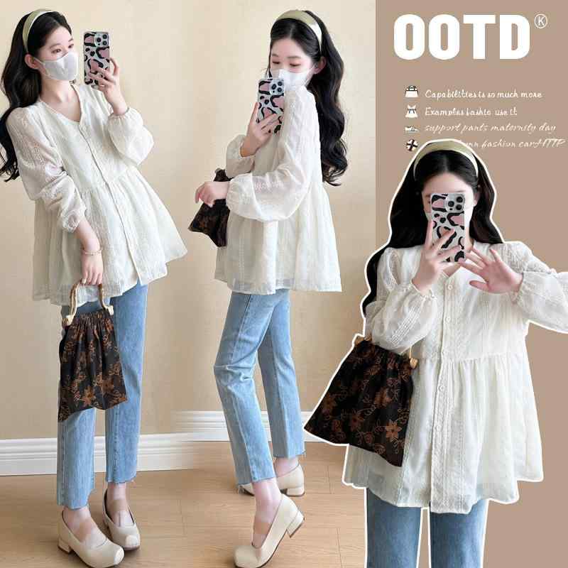 妊婦服 長袖 レース 刺繍 ブラウス 春秋 シンプル カジュアル シャツ 綿混 Vネック ルーズフィット 韓国 エレガント 杏 ゆったり マタニティ トップス 普段使い 快適