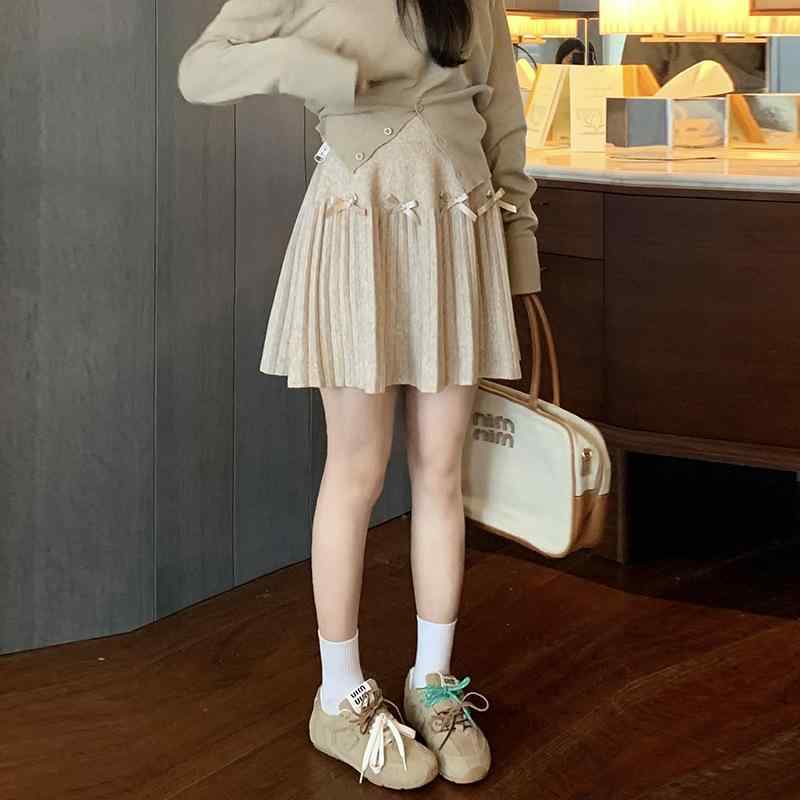 妊婦 かわいい プリーツスカート ニット ハイウエスト 蝶結び 秋冬 短め 麻素材 スリム 韓国 ストリー..