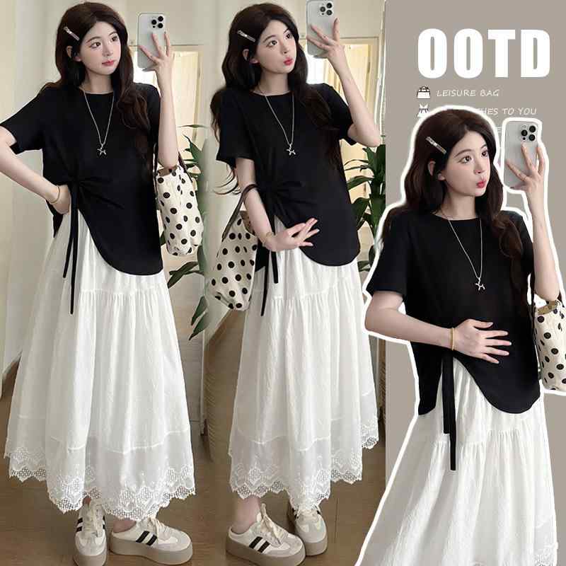 マタニティ レディース 夏 ファッション スタイリッシュ ゆったり 綿 半袖 Tシャツ ドローストリング ..