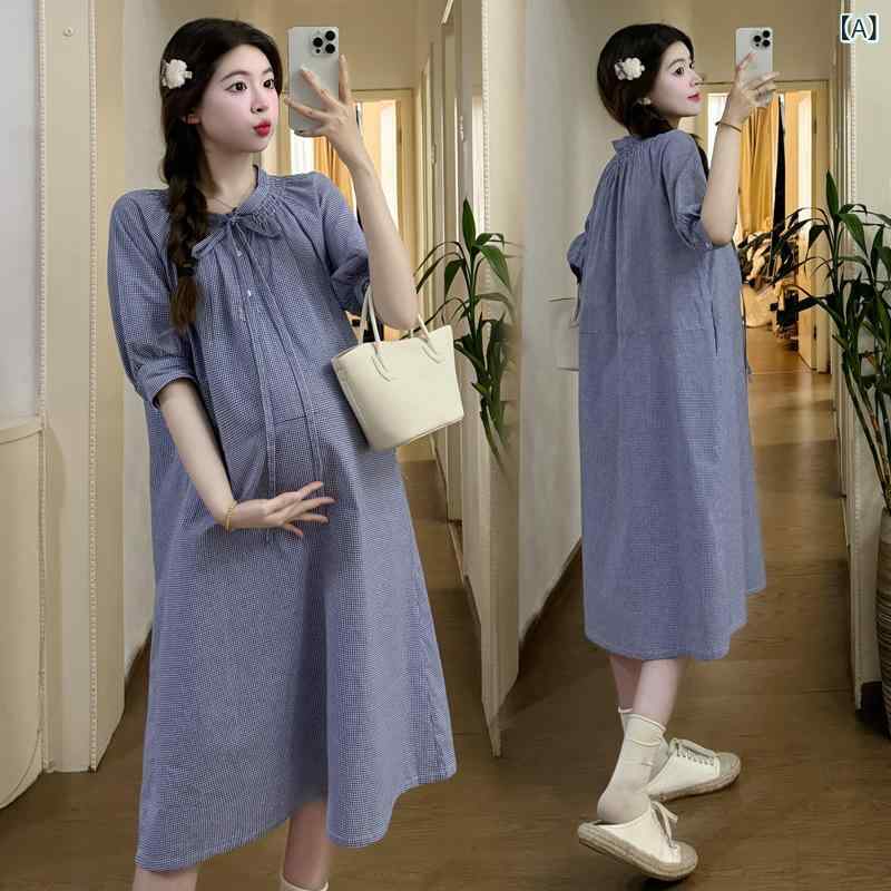 マタニティワンピース 夏 レディース ラウンドネック リボン ゆったり チェック柄 中長丈 アシンメトリー コットン混紡 通気性 日韓カジュアル 五分袖 妊婦服 妊娠中 快適 ファッション