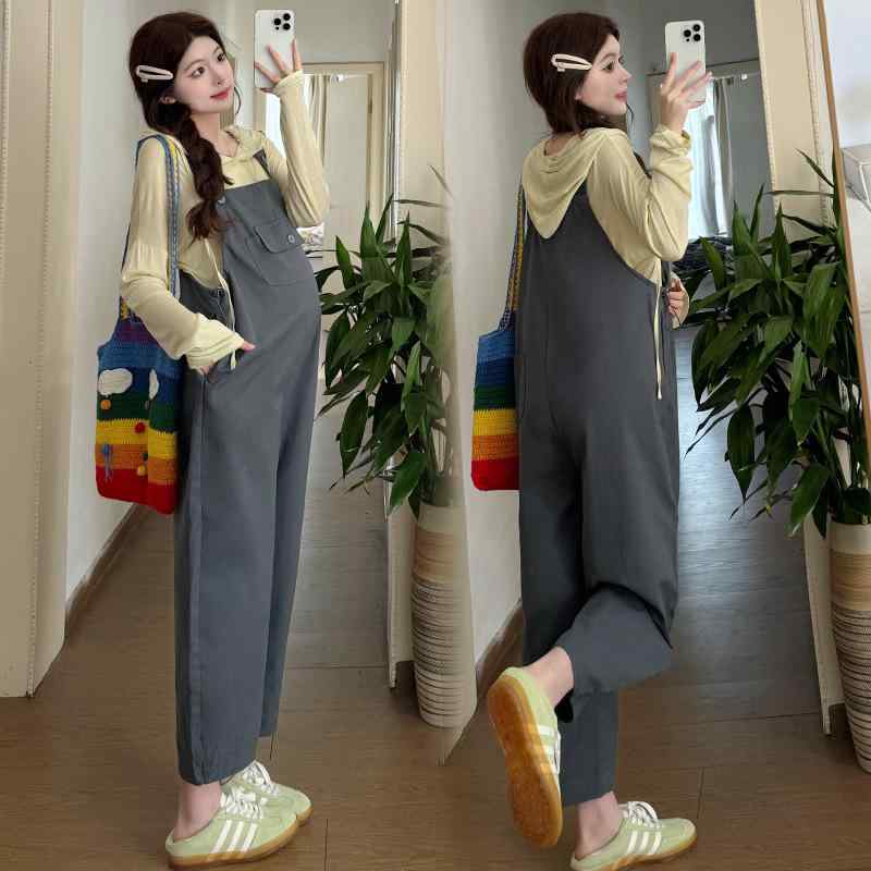 マタニティ レディース 春秋 セット 長袖 トップス グレー サスペンダーパンツ 大きいサイズ カジュア..