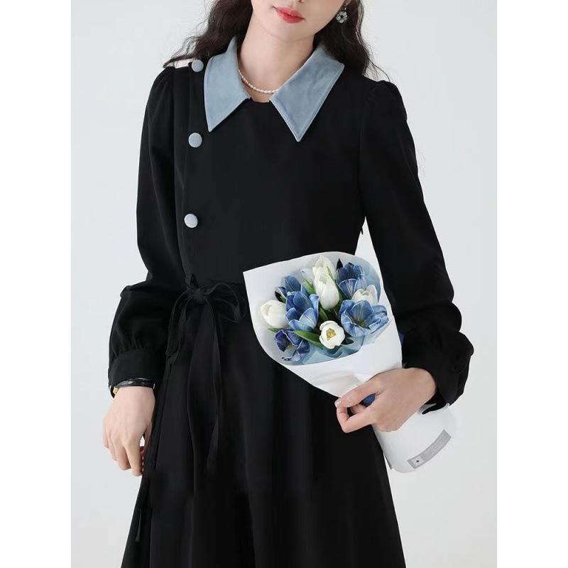 ワンピース レディース 授乳 秋冬 黒 ロング 折り襟 長袖 ウエスト シェイプ スリム マーメイド ボタン..