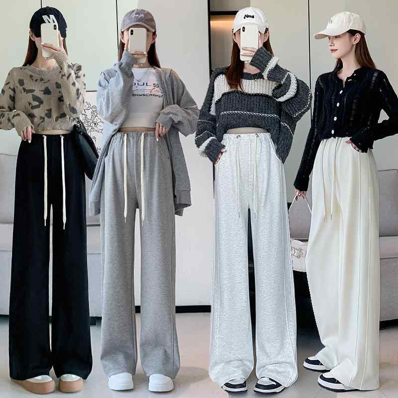 マタニティパンツ 春秋 ワイドレッグ ルーズ カジュアル シンプル ロング ドローコード 混紡素材 スト..