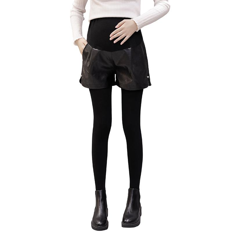 マタニティパンツ 妊婦 ワイドレッグ ショートパンツ 5分丈 レギンス レザー ブーツカット 秋冬 ファッ..