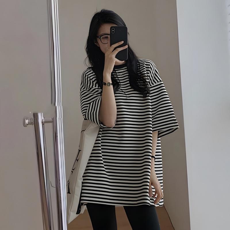 授乳服 レディース 夏 綿 ゆったり ルーズ ストライプ 五分袖 ジッパー トップス ジョガーパンツ セッ..