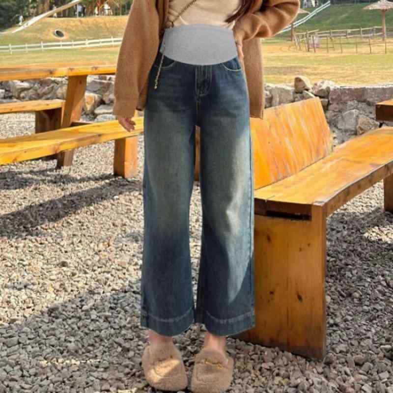 妊婦 レディース パンツ デニム ワイドレッグ ロング丈 春秋 マタニティ お腹サポート 締め付けない ル..