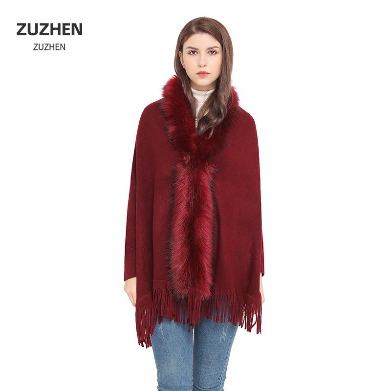 レディース ニット 袖付き ショール 単色 毛領 保温 ポリエステル フリンジ 黒 紫 灰 秋冬 コーディネート アクセサリー かわいい 普段使い(4)