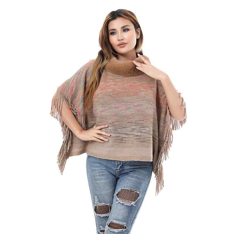 レディース ニット ポンチョ ショール 秋冬 暖か フリンジ 付き ポリエステル 配色 プルオーバー 欧米 ..