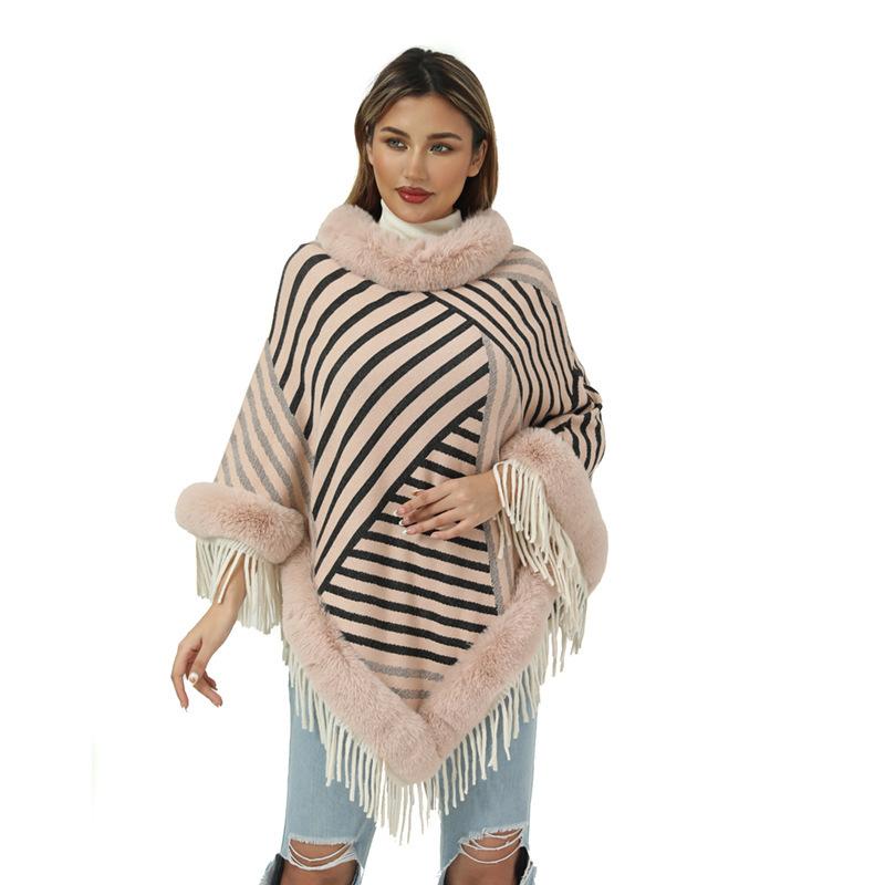 レディース 秋冬 保温 ニット ショール ポンチョ ラビットファー プルオーバー ストライプ フリンジ ネイビー ピンク ワインレッド アウトドア スタイリッシュ 普段使い(4)