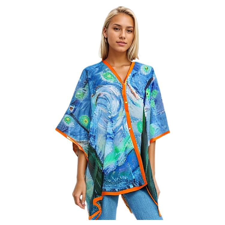 ショール レディース 夏 UVカット シフォン プリント パールボタン プルオーバー ストール スカーフ ビ..