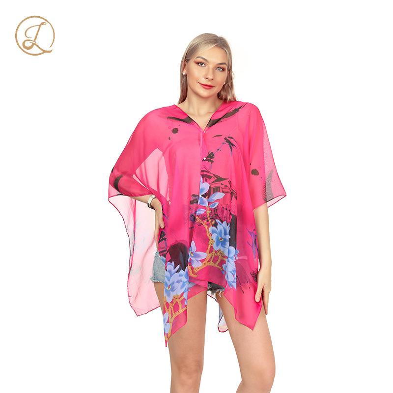 レディース 夏用 フード付き シフォン 防UV ショール ストール プリント柄 スカーフ ビーチタオル ポリ..