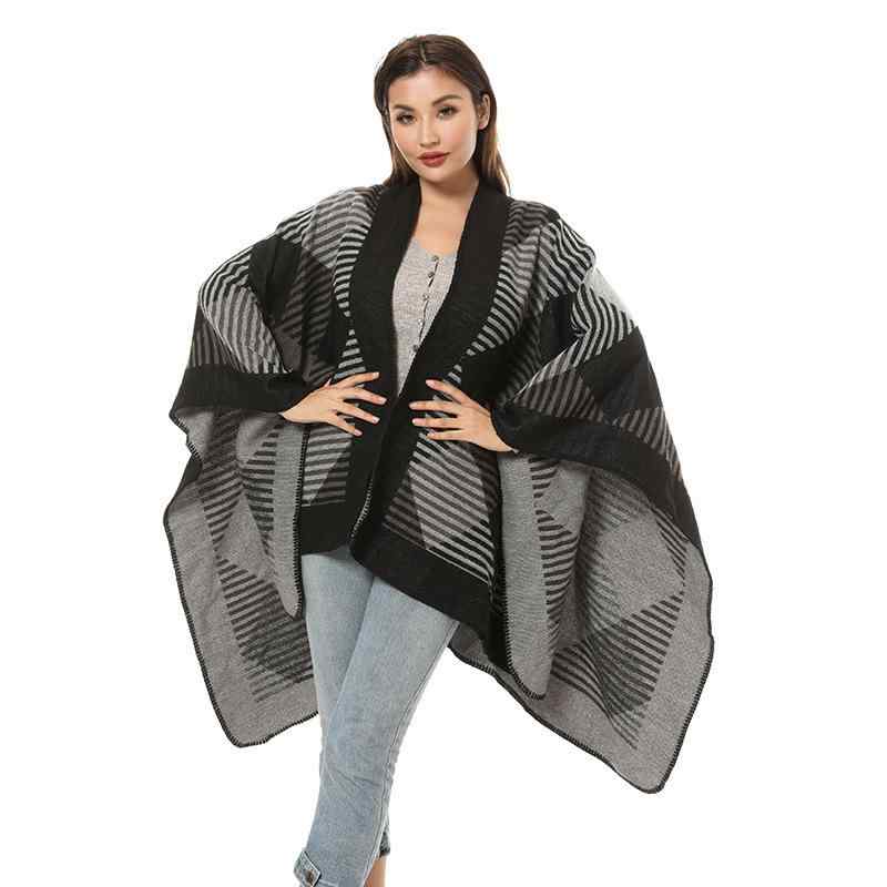 ショール レディース ニット ロング スリット ポンチョ ケープ ジャカード 保温 フリンジ 幾何柄 欧米..