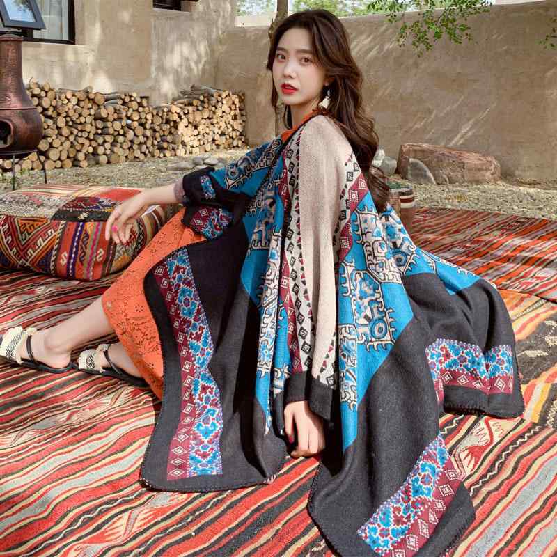 ショール レディース スカーフ ストール 多用途 スリット 暖か 厚手 ウール調 幾何柄 オールシーズン ..