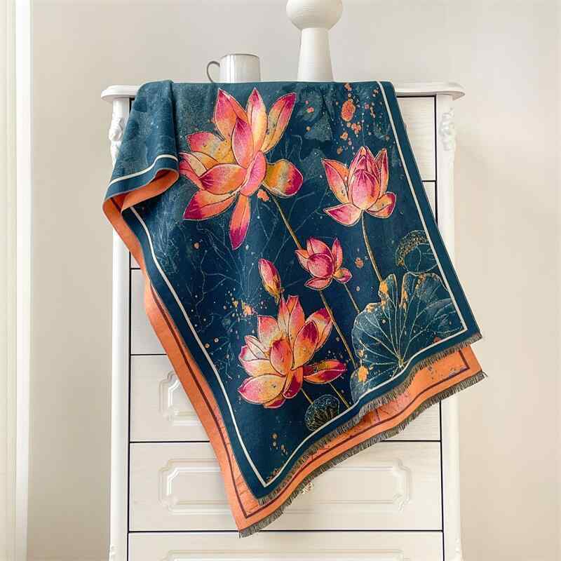 レディース ショール 民族風 中国風 油絵風 ロング マフラー 厚手 暖か フリンジ 付き ポリエステル 綿..