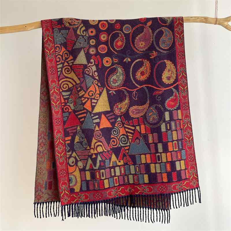 ショール 秋冬 ボヘミアン レトロ エスニック ロング フリンジ 暖か 両面 マフラー アウター アクセサ..