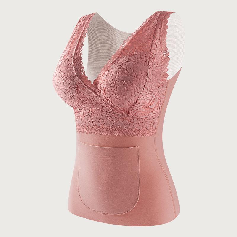 レディース 大きめ レース 保暖 インナーシャツ 発熱 ポケット Vネック 胸パッド ポリエステル 起毛 単..