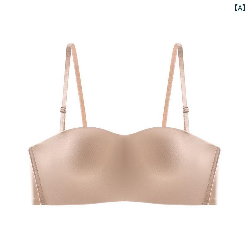 レディース ストラップレス ブラジャー 取り外し肩紐 ワイヤーなし 寄せ上げ 滑り止め インビジブル インナー セクシー バックレス 通気性 快適 ナイロン 綿 伸縮性 フルカップ 薄型カップ シンプル カジュアル ベージュ ホワイト ブラック