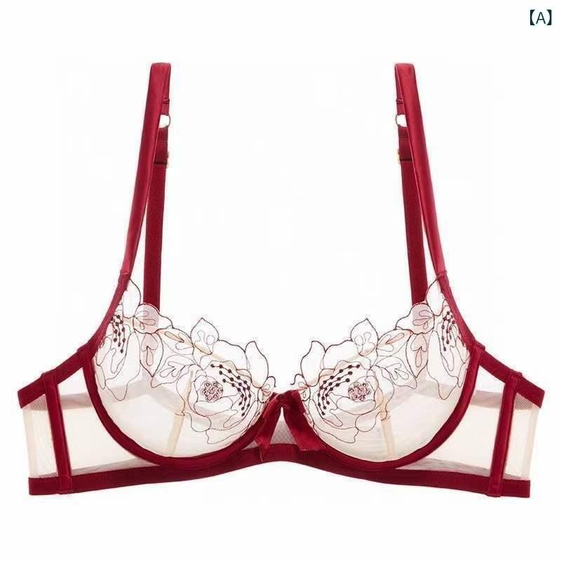 おうち健康生活のブラジャー レディース レース 小胸 寄せ集め 3/4カップ 薄型カップ 固定肩ストラップ 後ろダブルフック 赤 肌色 黒 シースルー セクシー スタイル｜アングル2