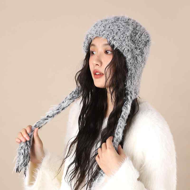 乐天商城 - ニット帽 レディース 秋冬 保暖 耳当て ミックスカラー かわいい ファー 毛糸 レトロ ポリエステル カーキ 青 紫 暖か 防寒 サイクリング 普段使い