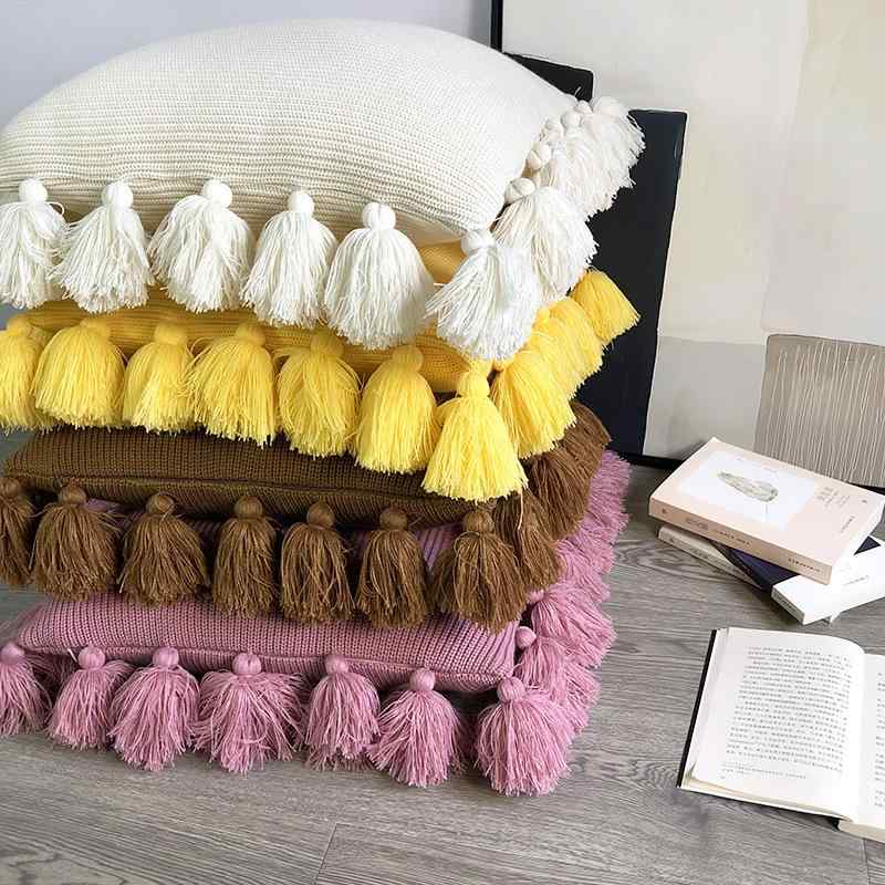 北欧風 抱き枕カバー アクリル ニット タッセル 四角形 クッション ソファ 腰枕 リビング 寝室 インテ..