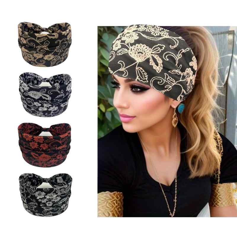 ヘアバンド レディース ボヘミアン ワイドエッジ 滑り止め 伸縮 吸汗 高弾力 ヨガ スポーツ 運動 花柄 ..