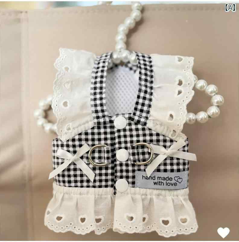 ペット スカート 小型犬 テディ マルチーズ 春夏 薄手 コットン 田園風 黒白 チェック柄 胸背 カジュア..