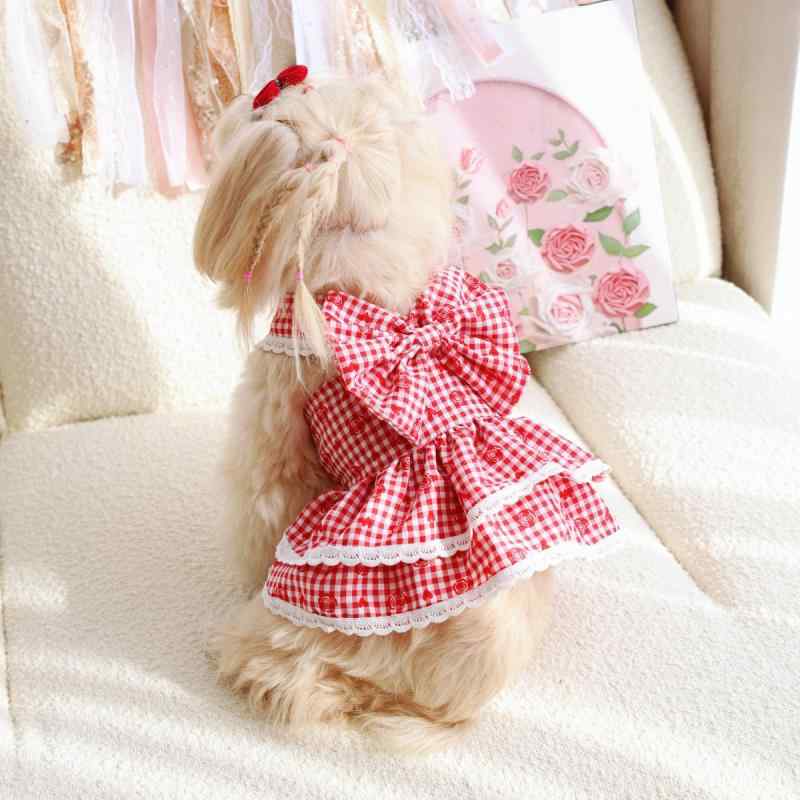 ペット服 スカート 猫 犬 カジュアル 田園風 バラ柄 二層 フリル 大リボン 赤 ポリエステル かわいい ..