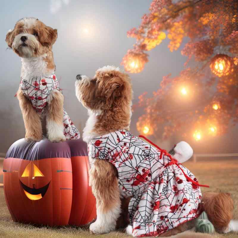 ペット 犬服 ハロウィン コスチューム 小型犬 スカート 四脚服 赤 スパイダー プリント ホラー 男の子 女の子 ベルベット 素材 欧米風 パーティー 仮装