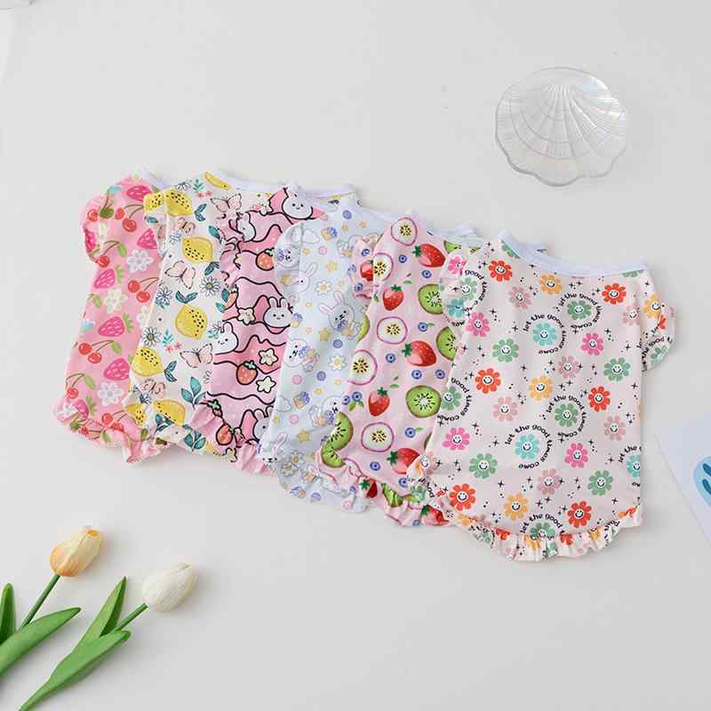 ペット服 小型犬 フリル ベスト ポリエステル カジュアル ユニセックス かわいい プリント フルーツ柄 ..