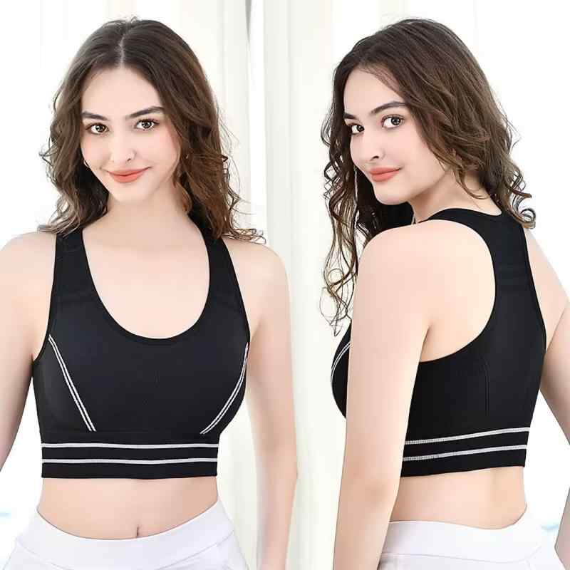 スポーツブラ レディース 振動吸収 揺れ防止 寄せ上げ 下垂防止 無ワイヤー ヨガウェア ランニング ジャンプロープ 通気性 シームレス 美背 防透け ナイロン ハーフカップ 薄型カップ 固定ストラップ 黒