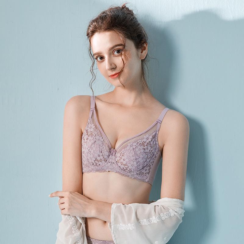 ブラジャー レディース レース 薄型 3/4カップ 縮胸 透気 快適 調整型 ウサギ耳 水晶カップ 純欲風 紫 ..
