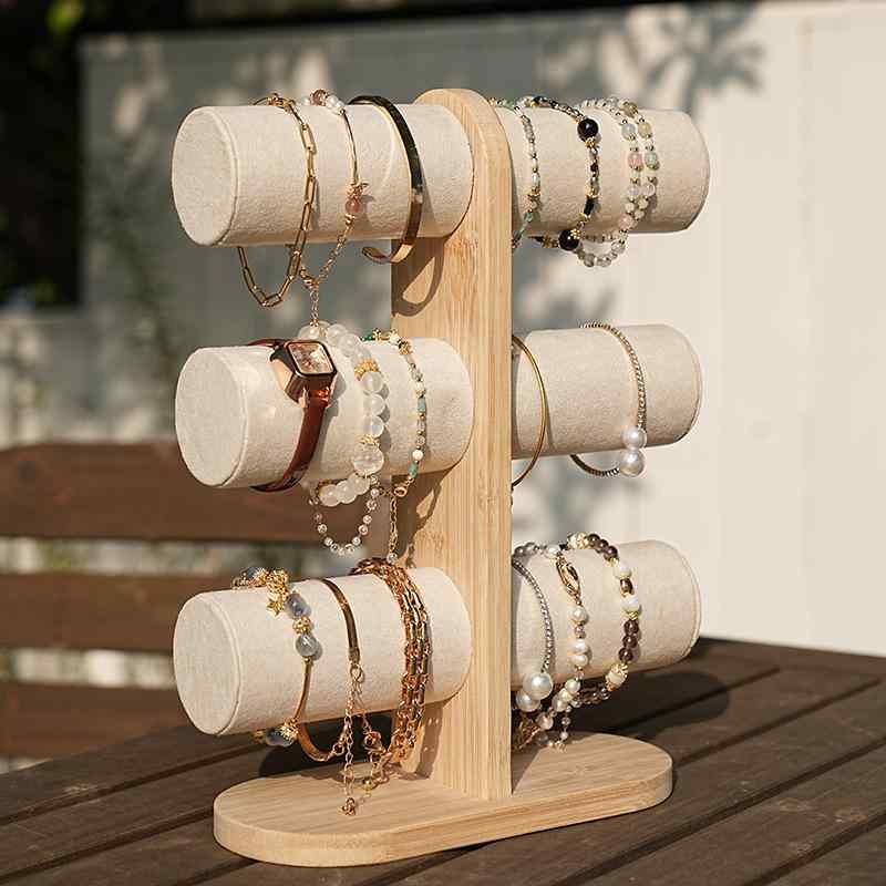 アクセサリー ディスプレイ ラック 竹木 三層 北欧風 ベルベット ベージュ 高級感 ブレスレット 腕時計..