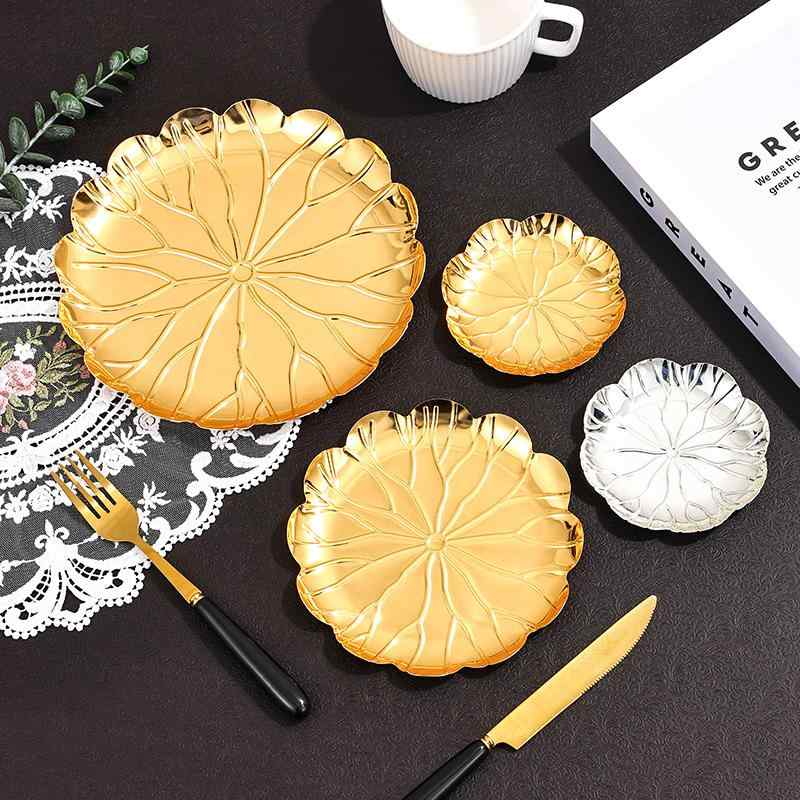 果物皿 金 銀 蓮の花 鉄製 円形 デザート皿 家庭用 高級感 クリエイティブ コップ置き スナックトレイ ..